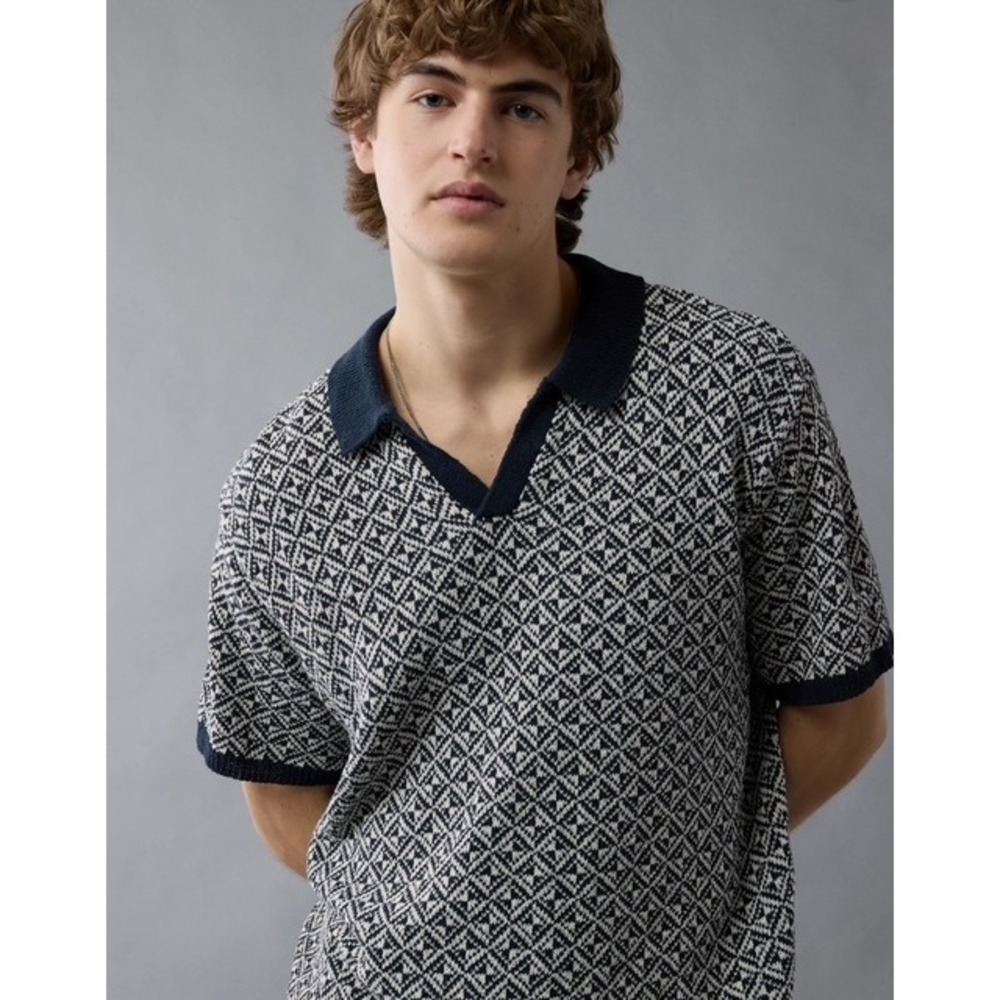 American Eagle Mens Knit Polo Shirt XL Navy Geometric Diamond Tennis Prepb Yacht